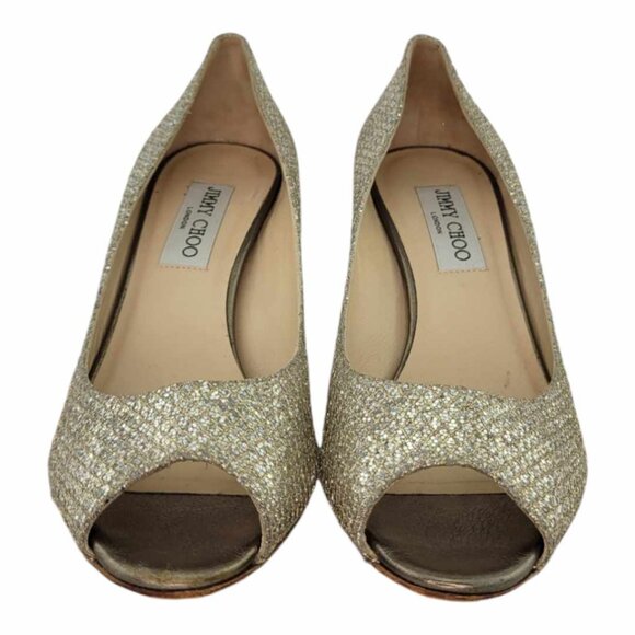 AUTHENTIC JIMMY CHOO Isabel Metallic Peep Toe Pump Sz 37.5IT (US7.5) - Champagne - Picture 3 of 10